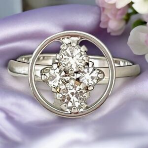 Vintage 1960s Geometric Ring Mid Century Modern Silver Tone Rhinestones - 4J